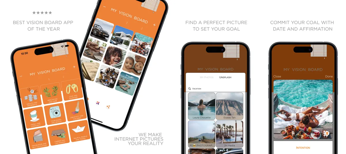 Скриншоты приложения Vision Board 2027: оранжевый коллаж доски видения, поиск фотографий на Unsplash, цель с датой и аффирмацией