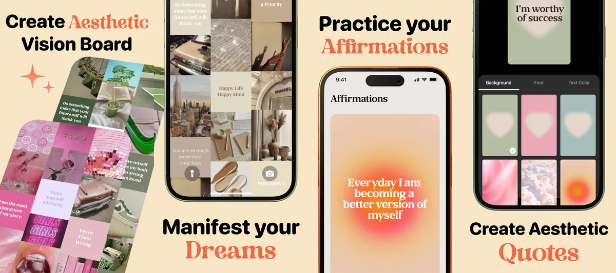 Скриншоты приложения Vision Board & Goal Tracker: эстетичные коллажи для досок видения, упражнения с аффирмациями, красивые фоны с цитатами