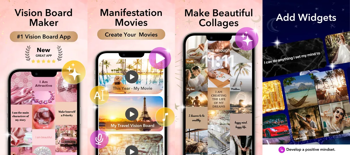 Скриншоты приложения Vision Board ++: создание коллажей, видеоролики о воплощении желаний, экран блокировки с коллажами, виджеты для главного экрана