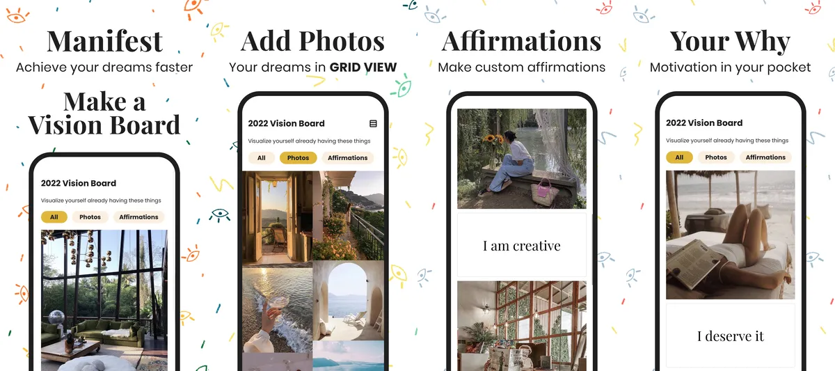 Скриншоты приложения Why Vision Board: создание доски видения, просмотр в виде сетки фотографий, настраиваемые аффирмации, мотивация «твоя цель»